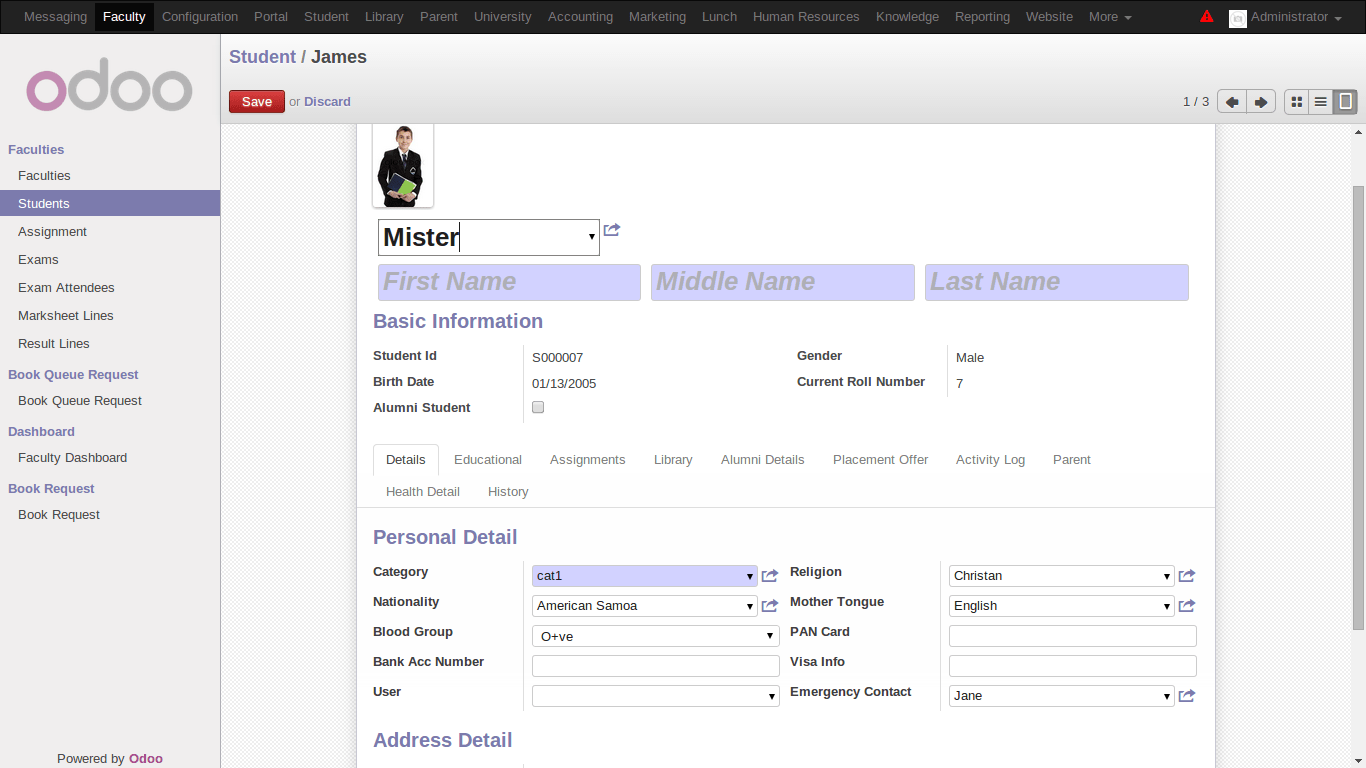 screenshot of odoo university management sofiware